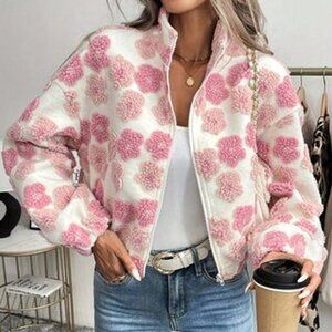 Multicolor Casual Women's All Over Print Floral faux Sherpa Zip Jacket